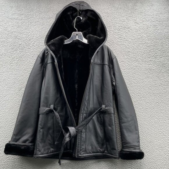 Black Leather Faux Fur Lined Jacket Womens Large Black Belted Hooded Winter Chic - Picture 3 of 8